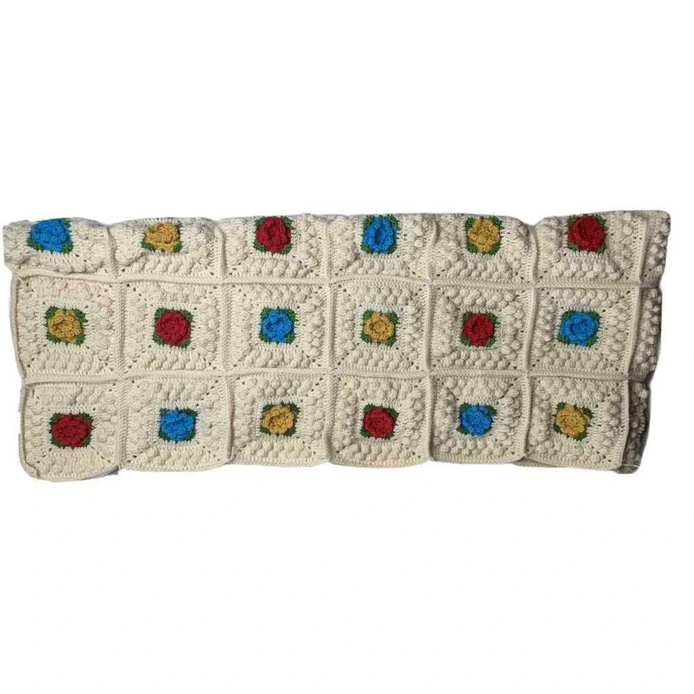 Handmade‎ Granny Square Afghan Throw Blanket Hand Crochet 3D Flowers 51